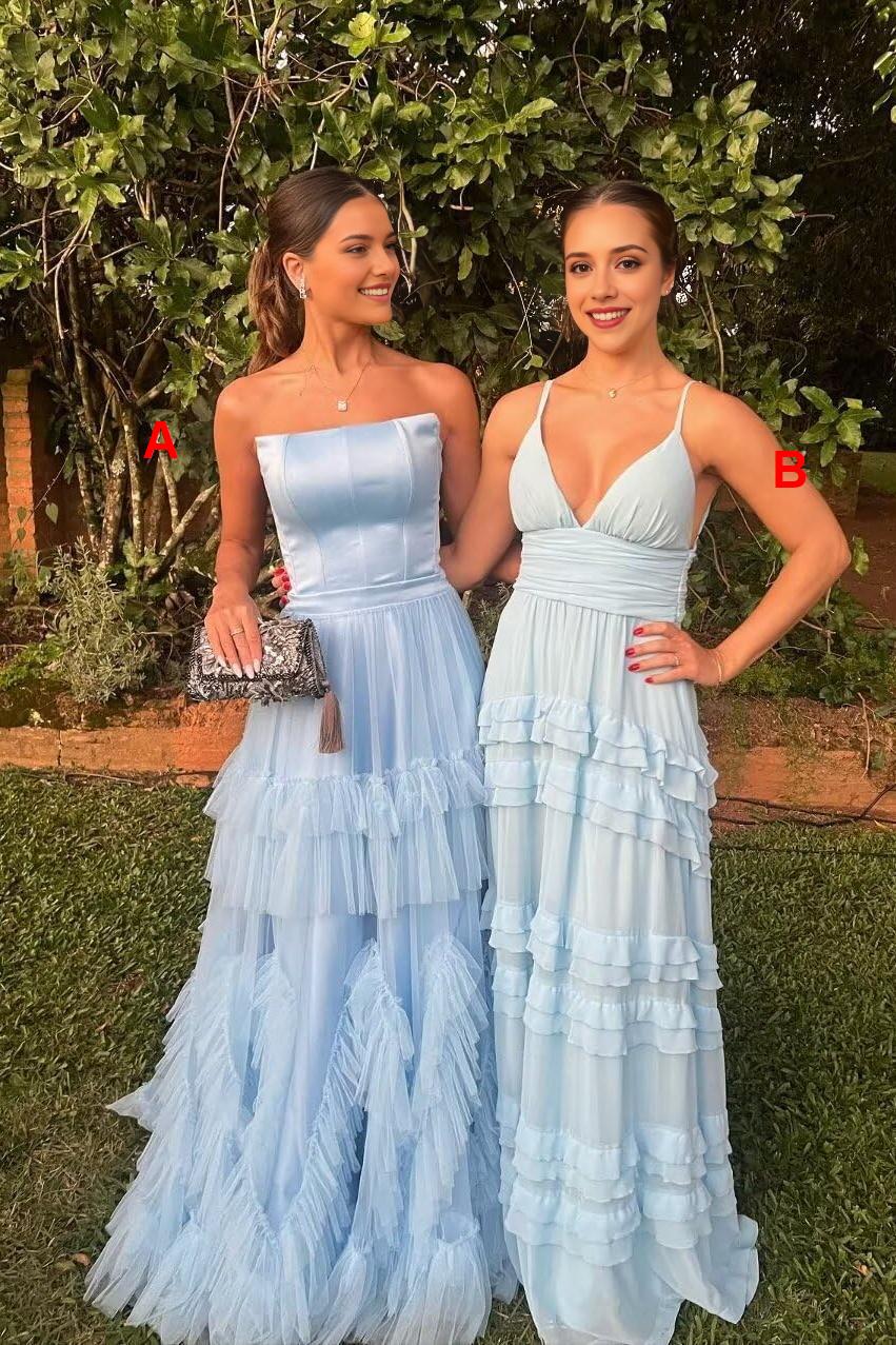 Robe Weitese trapèze à bretelles spaghetti bleu clair, longue robe longue à volants, robe de bal sans manches